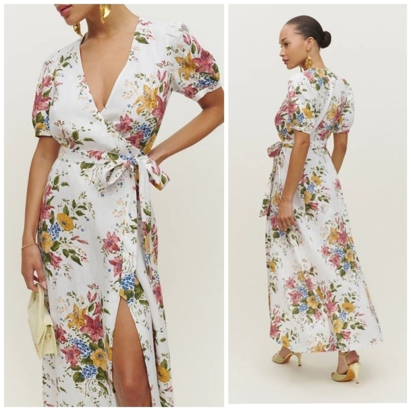 Reformation Weiss Linen Wrap Floral Print Dress - Picture 2 of 8